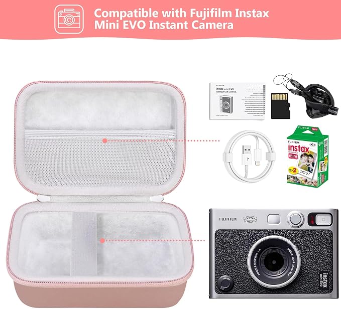 Carrying Case Compatible with Fujifilm Instax Mini EVO Instant Camera, INSTAX MINI EVO Camera Storage Holder Travel Bag with Mesh Pocket for Photos, USB Cables, Film, Rose Gold - Image 2