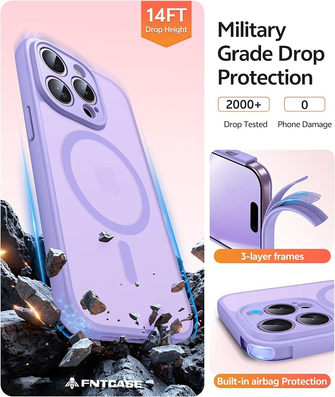 FNTCASE for iPhone 14 Pro Case, Compatible with Magsafe, Screen Protector | Full Camera Protection, Translucent Matte, 14FT Military Grade Drop Proof, Shockproof Protective Phone Cover, Light Purple - Image 5