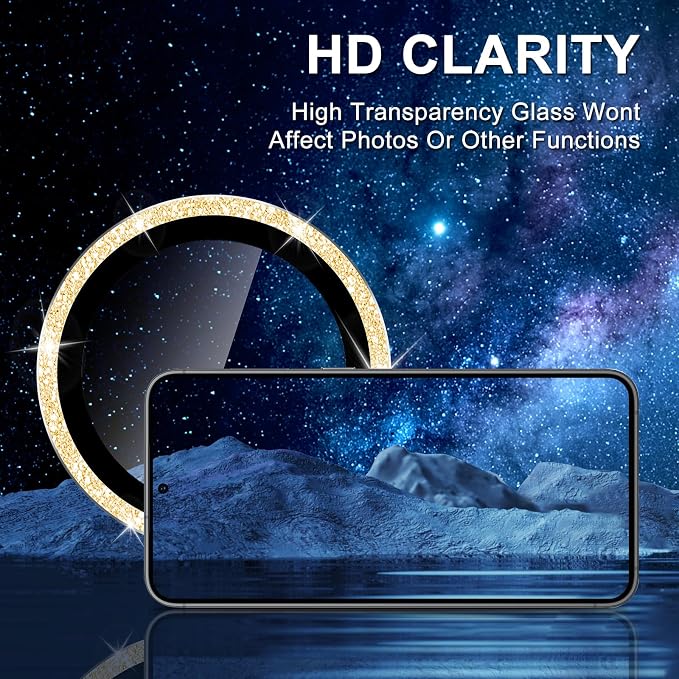 for Samsung Galaxy S23 FE Camera Lens Protector, Individual Metal Ring Tempered Glass Lens Cover, [Strong Adsorption] Scratch Resistant Ultra-Thin HD Clear Lens Cover, 1 Set-Gold Sparkly - Image 4