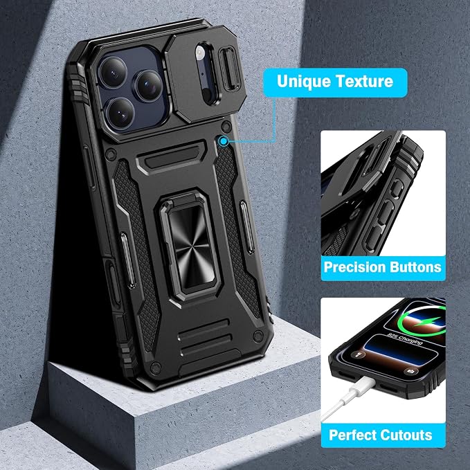 VEGO for iPhone 17 Pro Max Case with Privacy Screen Protector Black | Slide Camera Cover & Ring Kickstand Military Grade Heavy Duty Protection Cover for iPhone 17 ProMax 5G 6.9 Inch - Black - Image 7