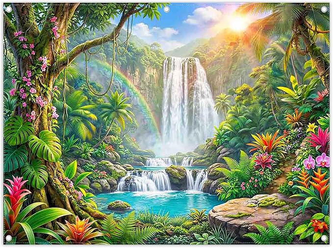 Fabric 8x6ft Rainforest Backdrop Tropical Jungle Waterfall Banner | Summer Event Natural Scenery Photography Background, Kids Adult School Party Decorations, Classroom Photo Props, Polyester by ZTHMOEBACKDROP
