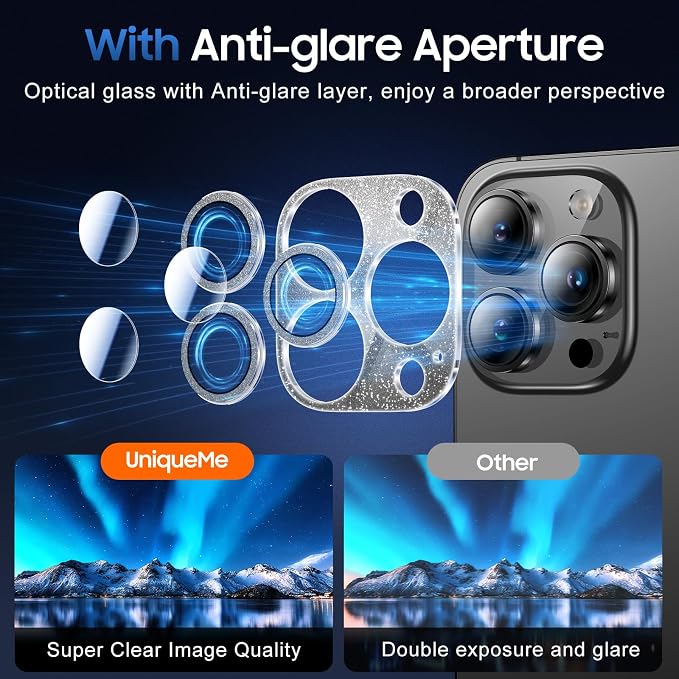 UniqueMe for iPhone 14 Pro Max/14 Pro Camera Lens Protector-Glitter Black | 3 Pack-Acrylic, Not Glass, Case Friendly, Scratch-Resistant, Night Shooting Mode - Image 2