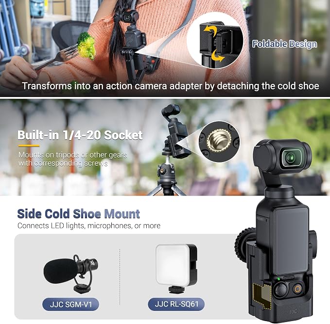 JJC Cold Shoe Mount Adapter for DJI Osmo Pocket 4P 4 3 Muse,w. Tighten Knob | Detachable Expansion Adapter for Tripod & DSLR Hot Shoe,with 1/4" 20 Hole,Folding 2-Fingers,Cold Shoe,Angle Adjustable - Image 4