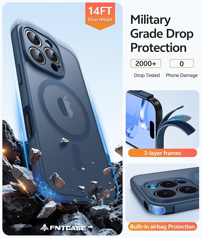FNTCASE for iPhone 16 Pro Case, Fit for Magsafe, with Screen Protector Blue | Full Camera Protection, Translucent Matte, 14FT Military Grade Drop Proof, Shockproof Protective Phone Cover, Blue - Image 5