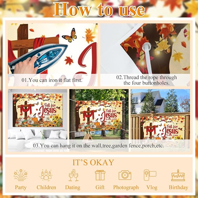 Thanksgiving Banner 12x8ft Polyester Fall for Jesus He Never Leaves Banner Outdoor Happy Thanksgiving Backdrop Fall Decorations for Party Pumpkin Patch Backdrop - Image 3