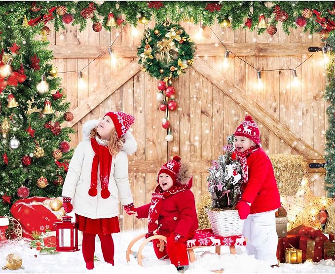 Christmas Backdrop 10x8ft Soft Fabric Rustic Barn Wood Door Backdrop for Photography Xmas Tree Snow Wall Floor Party Photo Background Family Banner Decorations Studio Prop Pictures - Image 4