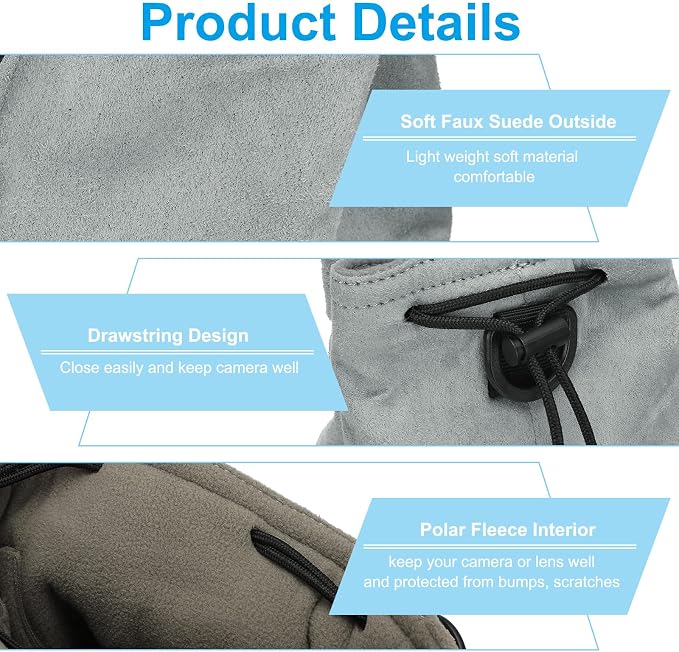 PATIKIL Camera Lens Pouch, M Size Drawstring Lens Case Flannel Camera Lens Handbag Camera Bag with Adjustable Shoulder Strap for DSLR Camera Lens, Grey - Image 3