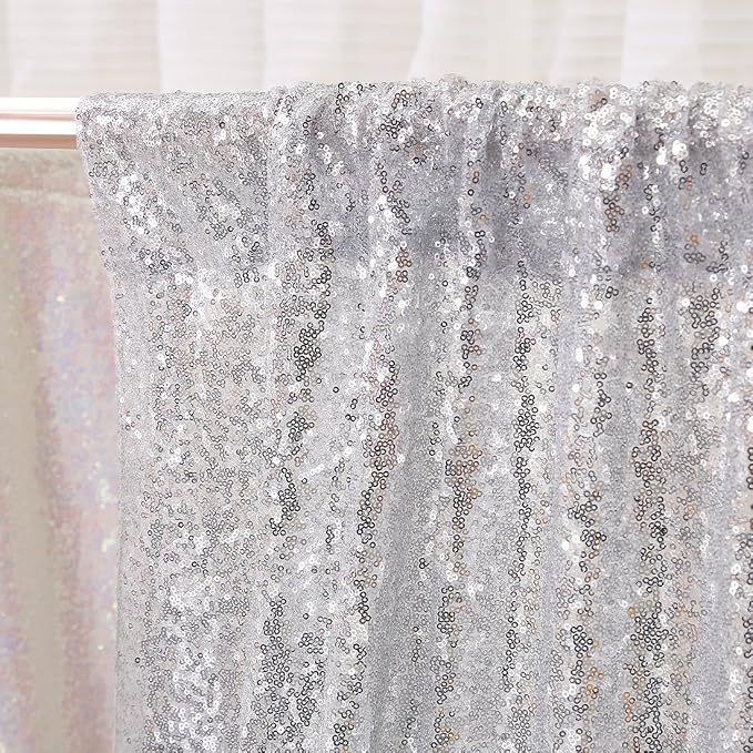 Poise3EHome Silver Sequin Backdrop,7FT x 7FT Sequin Photography Backdrop Curtain for Party Decoration, Silver - Image 3