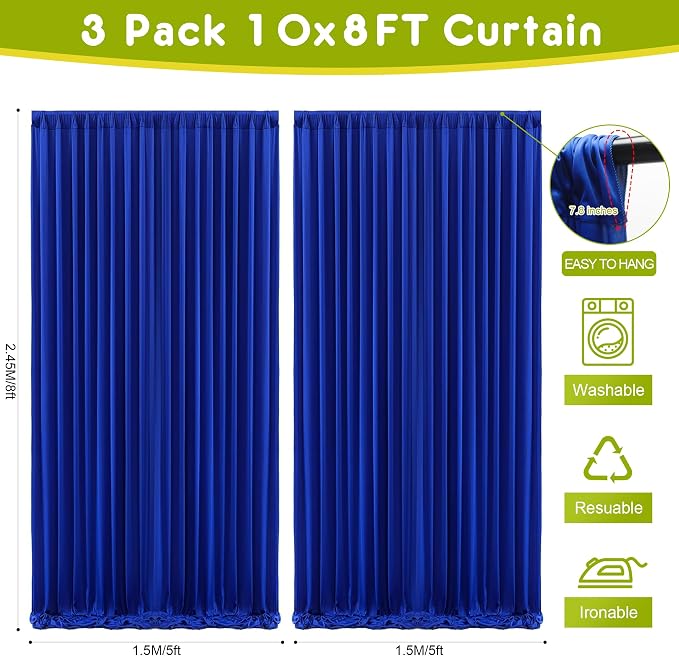 Royal Blue Backdrop Curtain Drapes for Parties, 3Pack 10x8FT | Wrinkle Free Polyester Curtain Backdrop Draping Fabric for Backdrop Photoshoot Birthday Party Background,6 Panel 5x8FT - Image 2
