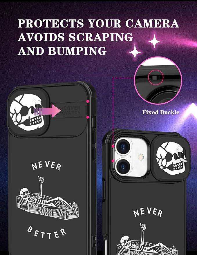 for iPhone 16 Case - Women Men Cute Phone Cover Cool Pretty Fancy Unique Aesthetic Design Slide Camera Cover Protective Case for Apple for iPhone 16,Lying Skuul - Image 3