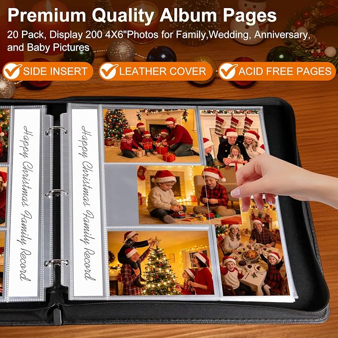 Zippered Binder Photo Album 4x6 – 20 Pack 4x6 Page Protectors in Leather Wallet, Holds 200 Horizontal & Vertical Photos, Large Capacity Photo Albums Book for Family Wedding Anniversary Baby, Black - Image 4