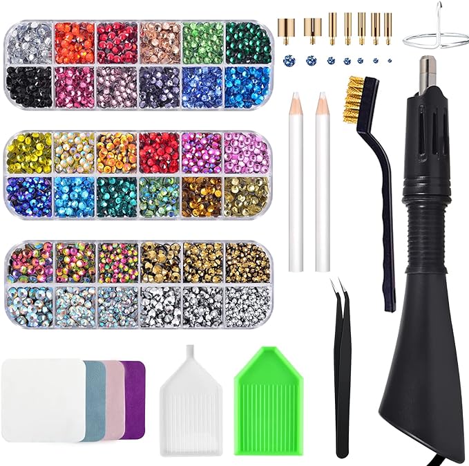 Epesl Bedazzler Kit with Rhinestones, Hot Fixed Gems Craft Applicator - Diamond Painting Pen, Wax Pencil, Tweezers, Tray, Cleaning Brush, Picker Rhinestones Crystals for DIY Clothes Shoes by EPESL