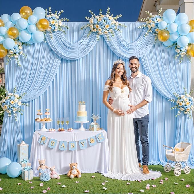 6 Panels Baby Blue Backdrop Curtain for Baby Shower Parties Wrinkle Free Light Blue Curtains Backdrop Drapes Fabric Decoration for Birthday Party Photography 30ft(W) x 10ft(H) - Image 4