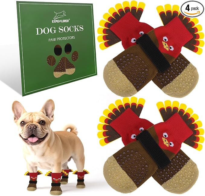 EXPAWLORER Thanksgiving Anti Slip Dog Socks to Prevent Licking Paws,Boots & Paw Protectors with Grippers,Doggie Booties for Hardwood Floors for Small Medium Large Senior Dogs Lifelike Costume Turkey M by EXPAWLORER