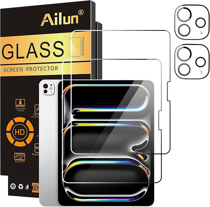 Ailun Screen Protector+Camera Lens Protector for iPad Pro 11 inch 2025/2024 | 2+2 Pack, 6th/5th Generation, M5/M4, Tempered Glass 0.33mm, Face ID & Apple Pencil & Case Compatible by Ailun