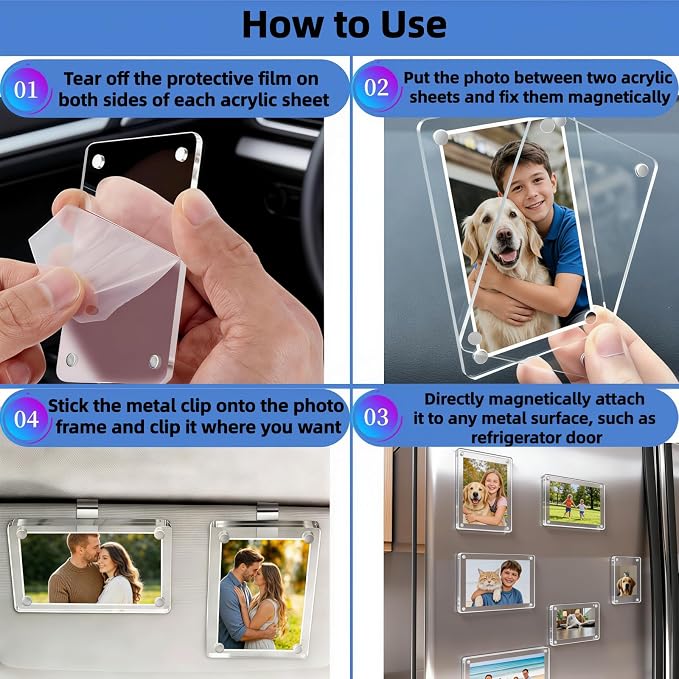 2 Pack Car Picture Holder, Clear Acrylic Magnetic Car Visor Photo Clip | Clear Anti-yellow Acrylic, Strong Magnets & Stable Metal Clip; Horizontal/Vertical Display, Personalized Car Picture Frame - Image 4