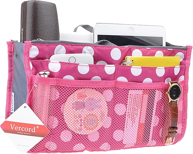Vercord Purse Organizer Insert for Handbags Bag Organizers Inside Tote Pocketbook Women Nurse Nylon 13 Pockets Rose Dot Medium - Image 2