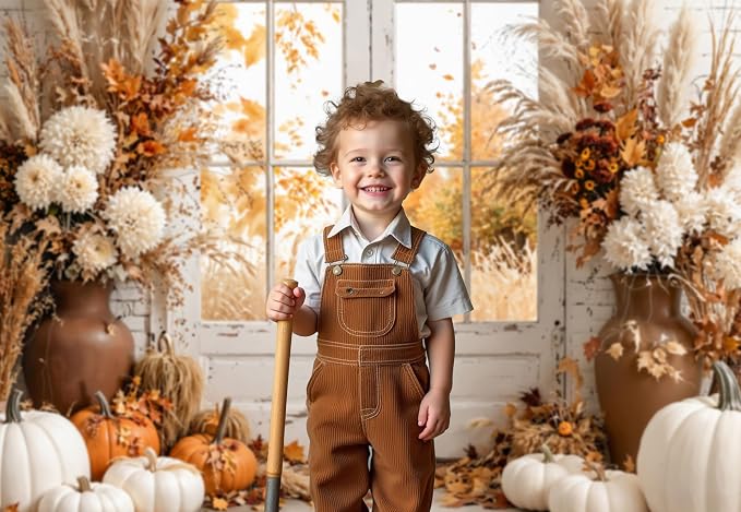 Kate Fall Photography Backdrops Autumn Harvest Pumpkin White Brick Wall Boho Theme Photography Props, 10x8ft - Image 4