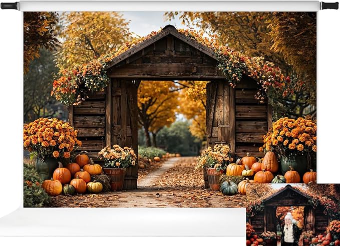 Kate Fall Backdrop Thanksgiving Backdrops for Photography Fall Maple Leaves Pumpkin Barn Door Backgrounds, 10x6.5ft by KateBackdropforPhotography