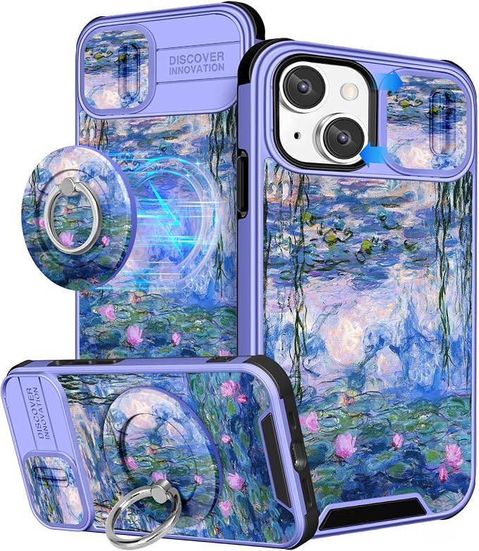 Buleens for iPhone 14 Case 6.1 Inch - with Ring Stand & Camera Cover Aesthetic Cute Designed for Women Girls Girly Pretty Blue Water Lily for Phone Case for iPhone 14 Compatible with Magsafe by Buleens