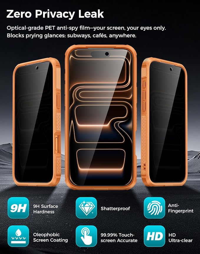 Goton 3 in 1 for iPhone 17 Pro Case with Privacy Screen Protector Orange | Glass Camera Lens Protector,Compatible for MagSafe,Invisible Kickstand, Shockproof Phone Cover for iPhone 17Pro - Image 5