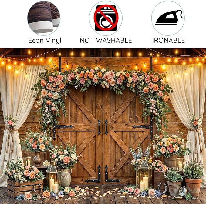 6x6ft Western Wedding Backdrop Rustic Barn Door Photography Backdrop Farmhouse Pink Flower Cabin Wooden Birthday Baby Shower Country Anniversary Bridal Party Banner Photo Booth Props Background - Image 7