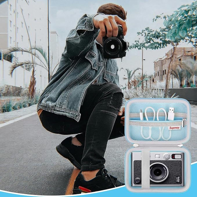 Carrying Case Compatible with Fujifilm Instax Mini EVO Instant Camera, INSTAX MINI EVO Camera Storage Holder Travel Bag with Mesh Pocket for Photos, USB Cables, Film, Blue - Image 7