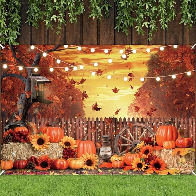 Fall Thanksgiving Backdrop Banner 10x8ft Farm Harvest Hay Photo Backdrop | Autumn Pumpkin Maple Leaves Photography Background Sunflower, Maple Leaves, Fall Friendsgiving Party Decorations Photo Props - Image 8