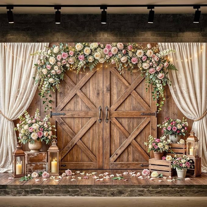 12x10ft Wedding Backdrop Rustic Floral Flower Wooden Wall Backdrop Bridal Baby Shower Ceremony Photography Background Shabby Chic Countryside Western Anniversary Wedding Party Birthday Photo Prop - Image 2