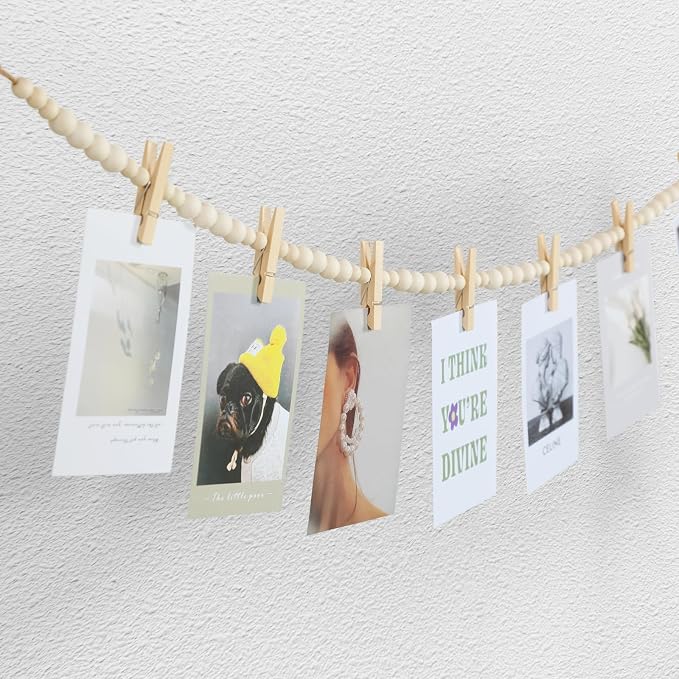 KLOGTSIND Hanging Photo Display, Boho Wood Bead Garland Wall Decor | Photo Banner with 9 Wooden Clips for Bedroom, Living Room, Office, Dorm Decor, Pictures Postcards Holder Teen Girl Gifts - Image 4