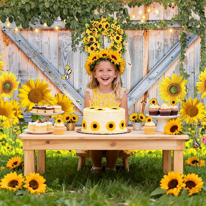 Sunflower Photo Backdrop for Photography, 8x6ft | Vinyl Wall Background for Photoshoot, Yellow Flower, Rustic Barn Wood Door, for Birthday Decorations, Outdoor Party - Image 2