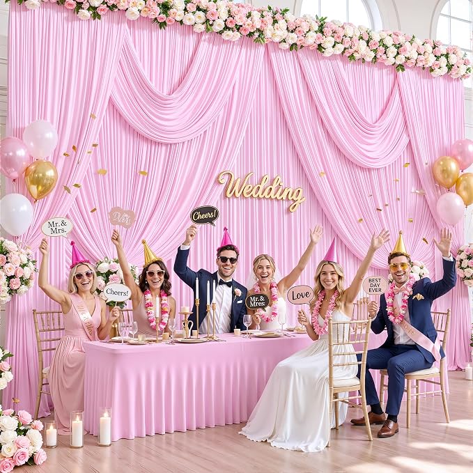 6 Panels Pink Backdrop Curtains for Wedding Party Wrinkle Free Backdrops Curtain Drapes Fabric Decorations Photo Back Drop Cloth for Baby Shower Photography Stage Reception 30ft(W) x 12ft(H) - Image 2