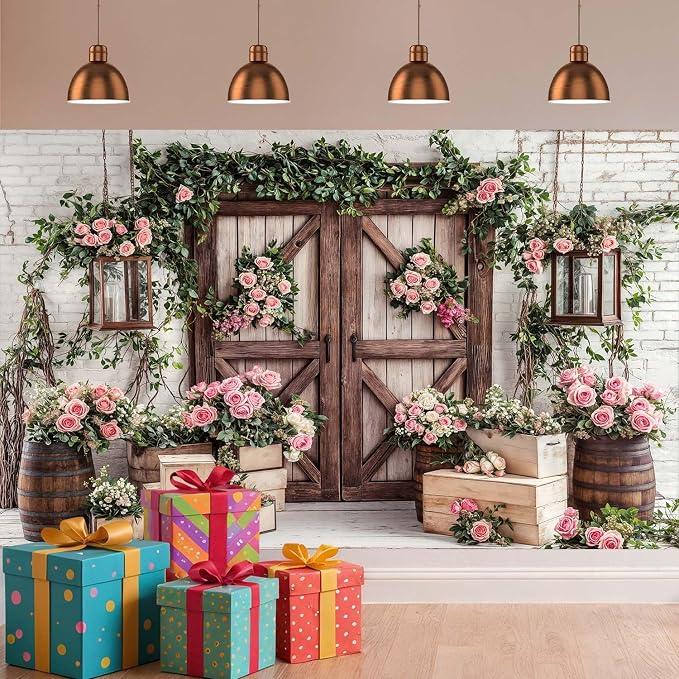 10x8ft Country Wedding Photography Backdrop Floral Rustic Roses Farmhouse Wooden Door Backdrop Pink Flower Birthday Baby Shower Wedding Bridal Party Banner Photo Booth Props Anniversary Background - Image 3