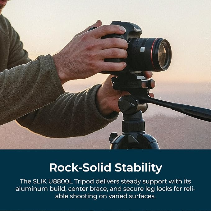 SLIK U8800 Aluminum Tripod Kit w/Inegrated Multi-Action Pan Head 67" Tall (612-051) - Folds Down to 25.6", Weighs 3.4lbs, Supports 9.9lbs, Crank Control Center Column, Great for Photos and Video | 75-inch aluminum tripod with fluid pan head and quick r... - Image 7