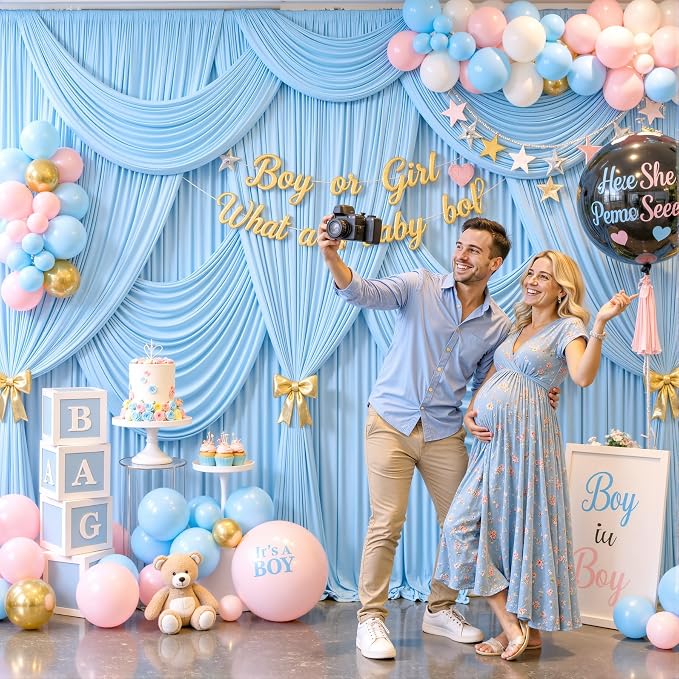 6 Panels Baby Blue Backdrop Curtain for Baby Shower Parties Wrinkle Free Light Blue Curtains Backdrop Drapes Fabric Decoration for Birthday Party Photography 30ft(W) x 10ft(H) - Image 3