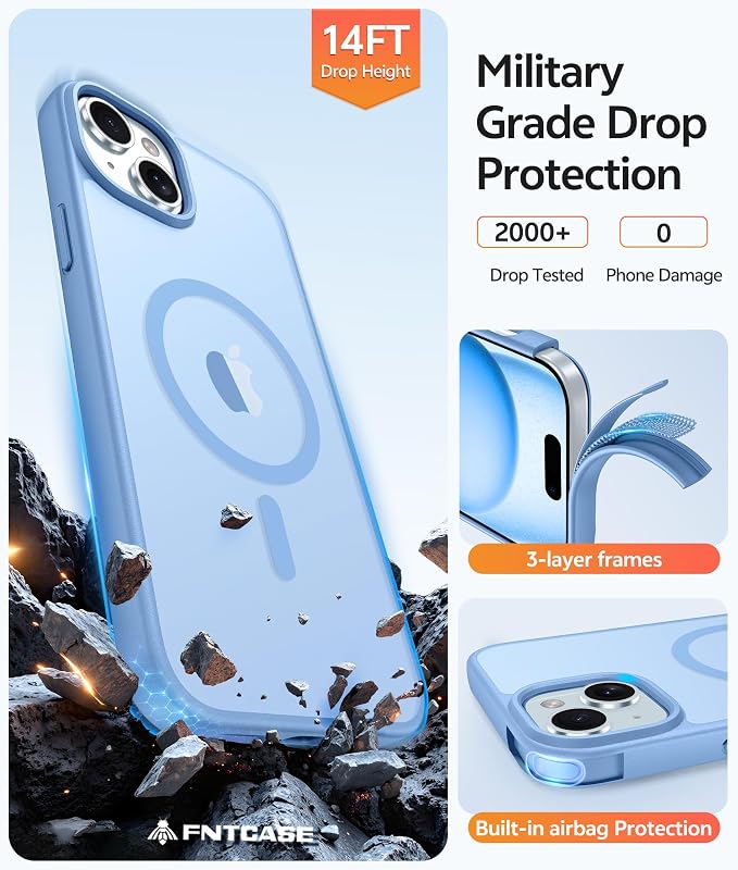 FNTCASE for iPhone 15/14/13 Case, Fit for Magsafe, Glass Screen Protector | Translucent Matte, Magnetic Phone Cases, 14FT Military Grade Drop Protection, Slim Shockproof Protective Cover, Light Blue - Image 5