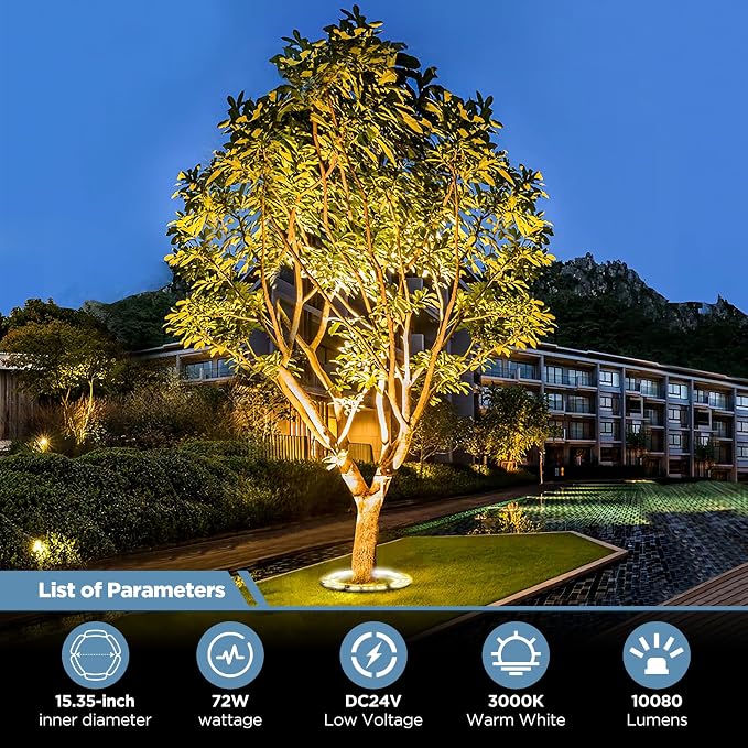 Outdoor Ring Tree Lights, 72W LED Landscape Uplighting for Trees, 3000K Warm White, Low Voltage IP65 Waterproof, 15.35" Inner Diameter, DC24V Driver Included, 10080 Lumens, Set of 6 - Image 2