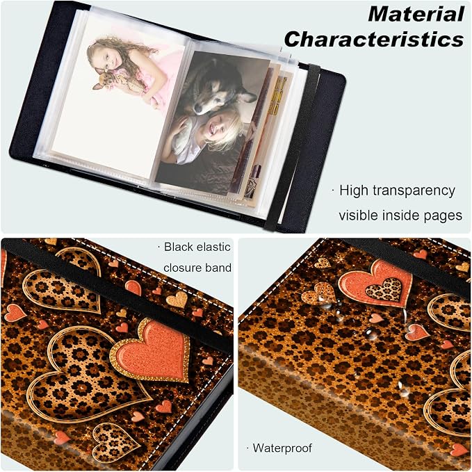DEGDFSGR 4x6 Small Photo Album, 60 Pockets Holds 120 Photos | Slip-in pockets, black elastic band, portable for family, wedding, baby, travel photos, Leopard Print Pink Hearts - Image 5