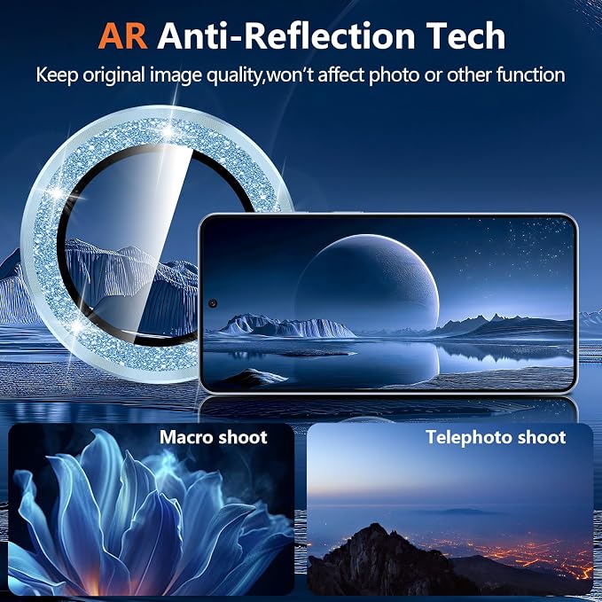 for Samsung Galaxy S26 Plus Camera Lens Protector, Individual Metal Ring Tempered Glass Lens Cover, [Strong Adsorption] Scratch Resistant Ultra-Thin HD Clear Lens Cover, 1 Set-Blue Sparkly - Image 3