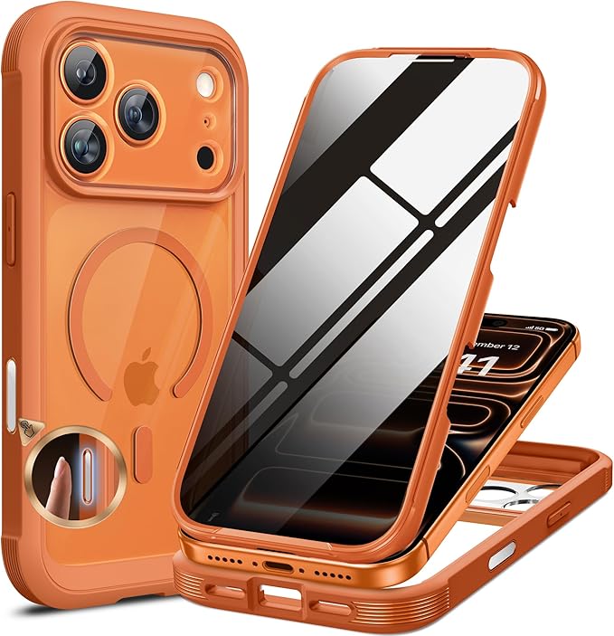 Miracase for iPhone 17 Pro Max Case with Privacy Screen Protector, Orange | Compatible with MagSafe, 360° Full Body Protection, Full Camera Protection, Military-Grade Shockproof Phone Case 6.9" by Miracase