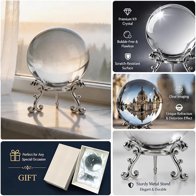 ZEERSHEE 3.1in Crystal Ball with Stand, Photography Prop for Decor | Premium K9 crystal Polished for exceptional clarity Includes display stand and gift box Ready to display - Image 4