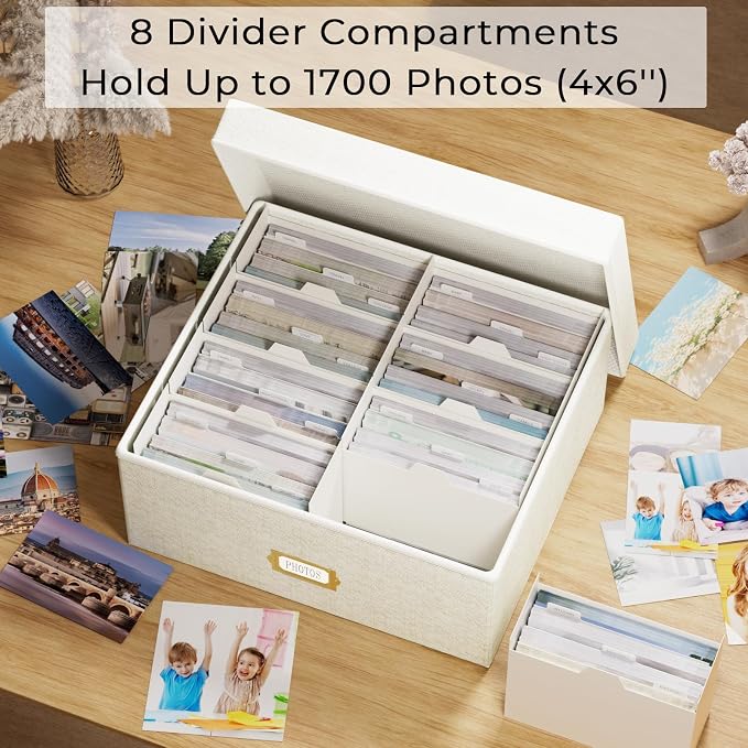 Decorative Photo Storage Box, Linen Photo Box Holds 1700 4x6 Pictures Beige | Photo Storage Containers with 8 Dividers, Memory Keepsake Organizer for Photos, Scrapbook Supplies, Cards, Stamps,Archive Box - Image 2