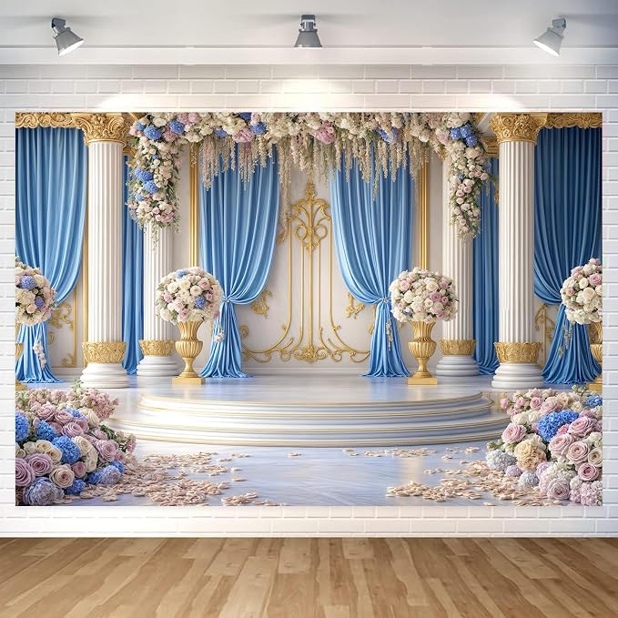 7X5ft Luxurious Blue and White Floral Backdrop for Photography Castle Palace Wedding Party Decortion Elegant Flowers Backdrop Wedding Birthday Party Decorations Bridal Shower Backdrops Studio Props by JAWO