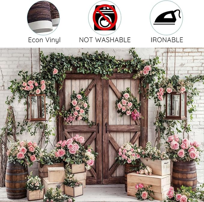 5x4ft Country Wedding Photography Backdrop Floral Rustic Roses Farmhouse Wooden Door Backdrop Pink Flower Birthday Baby Shower Wedding Bridal Party Banner Photo Booth Props Anniversary Background - Image 6