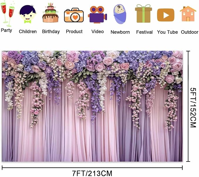 7x5ft Purple Flower Wedding Photography Backdrop Lavender Floral Wedding Bridal Photography Backdrop Anniversary Birthday Baby Shower Girl Party Banner Photo Booth Props Background Wall Decor - Image 6