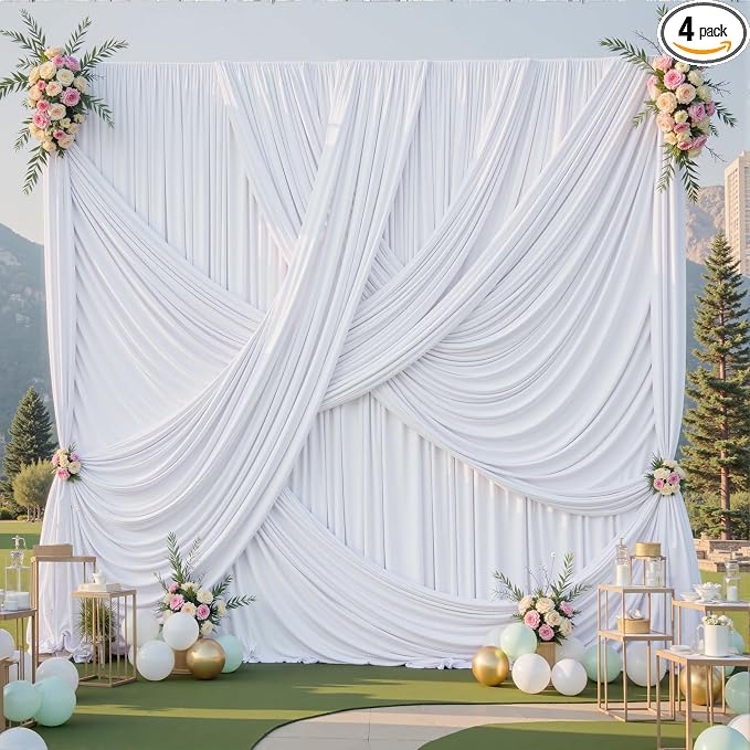 20x12 ft White Backdrop Curtains for Weddings Parties, Birthdays and Photos | 4 Panels 5x12 ft, Wrinkle-Free Polyester Drapes, Washable, Ironable, 4 in Rod Pocket for Baby Showers Photography Background by PartyVillage