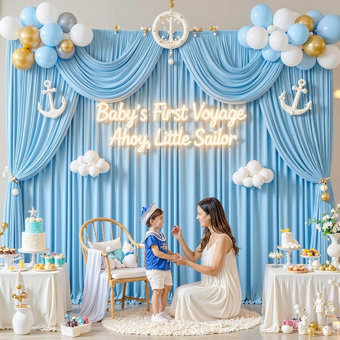 20 ft x 10 ft Wrinkle Free Baby Blue Backdrop Curtains for Parties, 4 Panels 5 ft x 10 ft Polyester Light Blue Photo Backdrop Curtain Drapes for Birthday Wedding Party Baby Shower Photography - Image 9