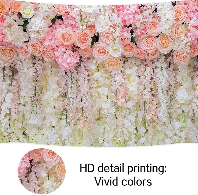 10x8ft Pink Rose Flower Wedding Photography Backdrop Spring Floral Photography Backdrop Valentine's Day Mother's Day Girl Birthday Baby Shower Wedding Bridal Party Banner Photo Booth Props Background - Image 8