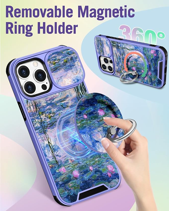 Buleens for iPhone 15 Pro Max Case 6.7 Inch - with Ring Stand & Camera Cover Aesthetic Cute Designed Women Girls Girly Kawaii Blue Water Lily Phone Case for iPhone 15 Pro Max Compatible with Magsafe - Image 5