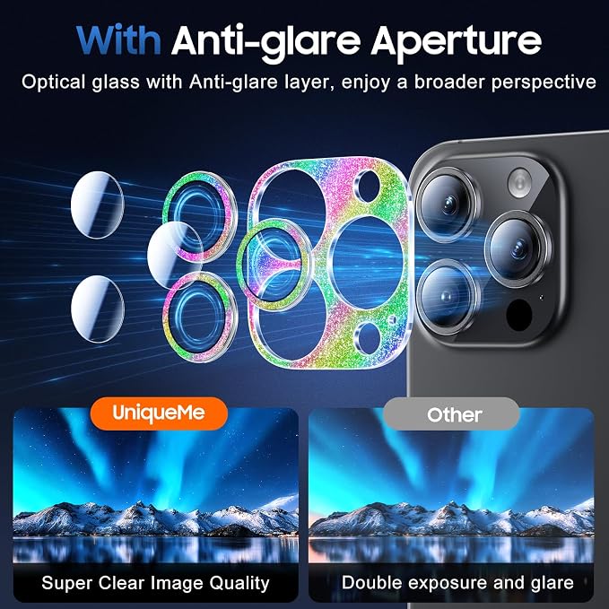 UniqueMe for iPhone 16 Pro/16 Pro Max Camera Lens Protector-Bling Colorful | 3 Pack, Drop Protection, Case Friendly, 9H Tempered Glass, Camera Cover Screen, Update New Version - Image 4